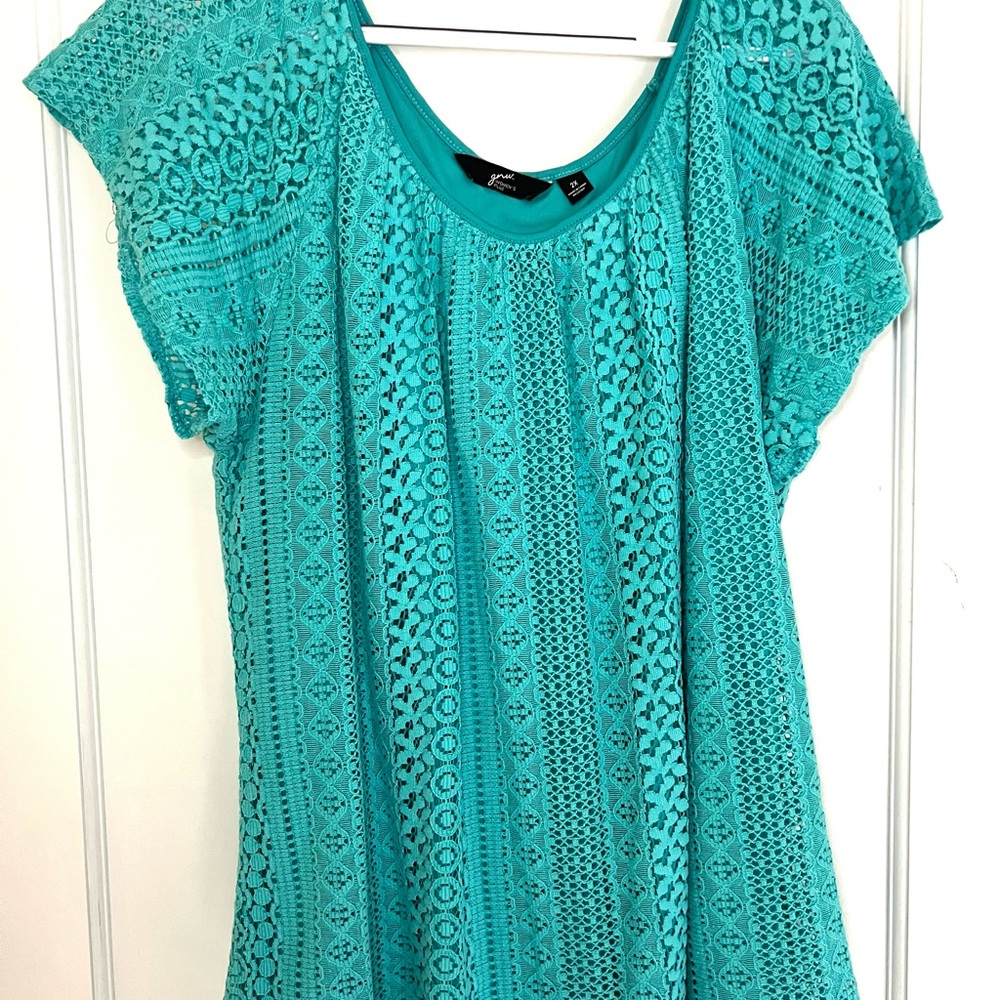 GNW Women’s Plus Teal Top - Layered Lace over Built-in Tank Size 2X